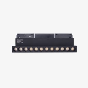 Linea Grille Recessed 48V magnetic LED light with black housing and multiple optical lenses