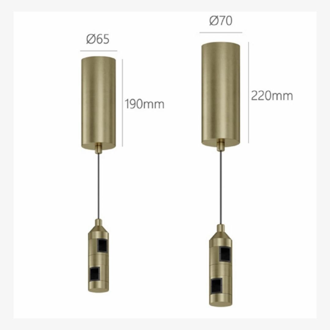 Linea Drum Pendant 48V magnetic gold LED light in Ø65 × 190 mm and Ø70 × 220 mm sizes