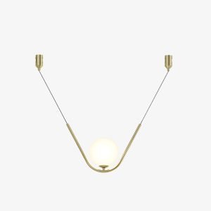 Suspended Globe Magnetic Light with dual cables, curved gold frame and central opal diffuser