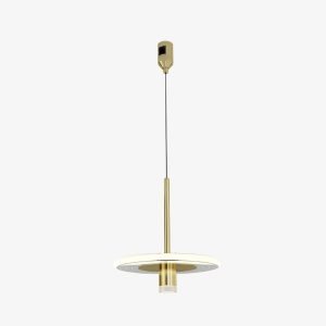 Linea Halo Pendant 48V magnetic LED light with gold body and circular illuminated diffuser