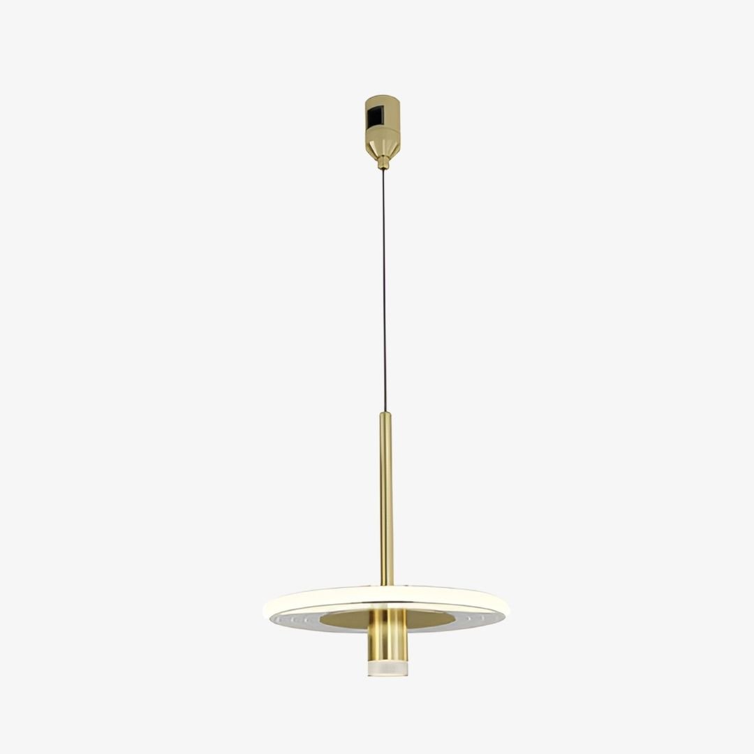 Linea Halo Pendant 48V magnetic LED light with gold body and circular illuminated diffuser
