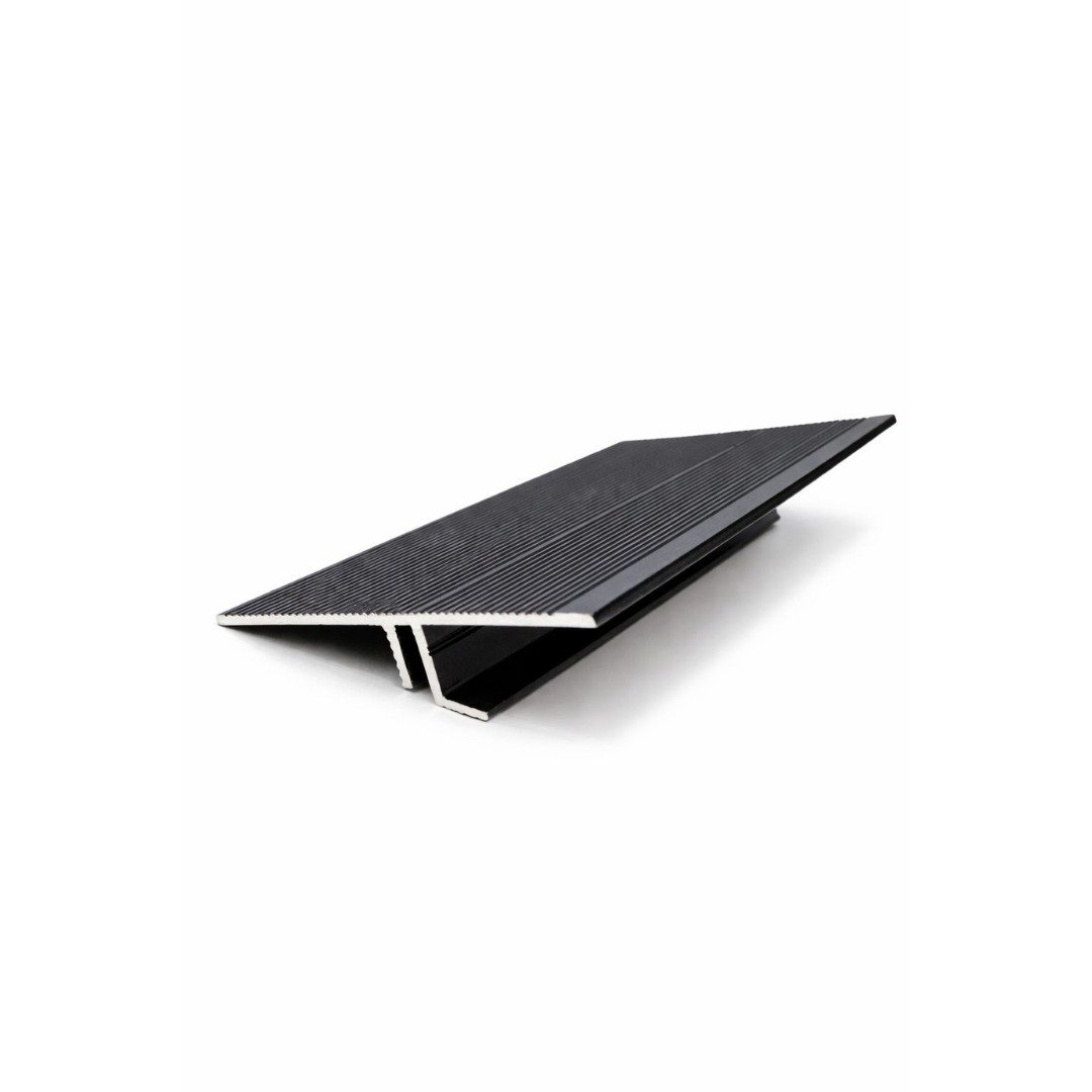 Floor Transition Profile with black textured upper surface and T-shaped central fixing section