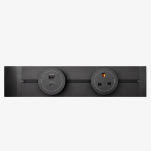 Power Track Socket with movable UK electrical outlet and USB charging module on a slim black r
