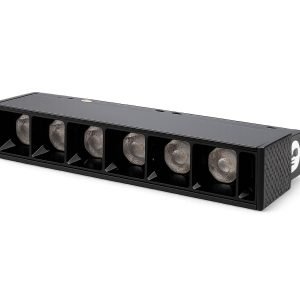 Six Lens Grille Light with deep recessed optics and slim black 48V magnetic track body