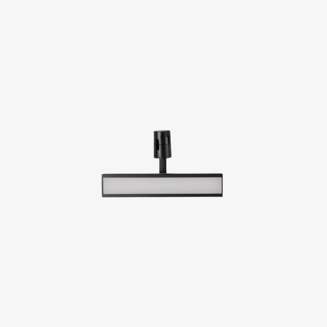 Magnetic linear track light with black T-bar body and diffused LED panel for a 48V track system