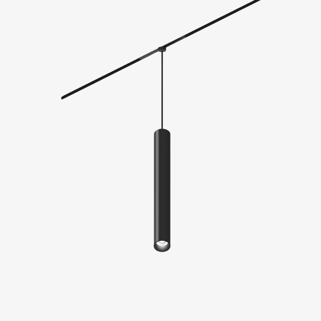48V magnetic cylindrical pendant spotlight suspended from a black magnetic track