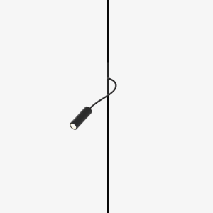 Cable-mounted LED spotlight with flexible black arm and cylindrical directional head