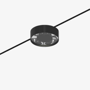 Cable-mounted LED light with circular prismatic optics and black housing