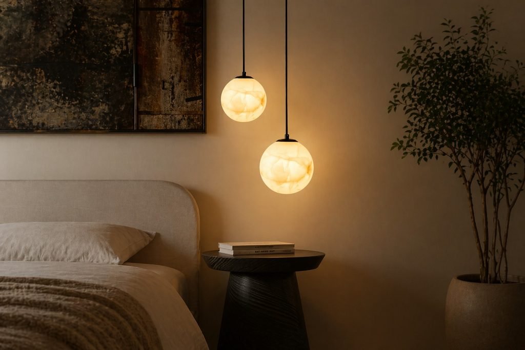 Modern black track lighting and decorative wall lights in a warm interior space