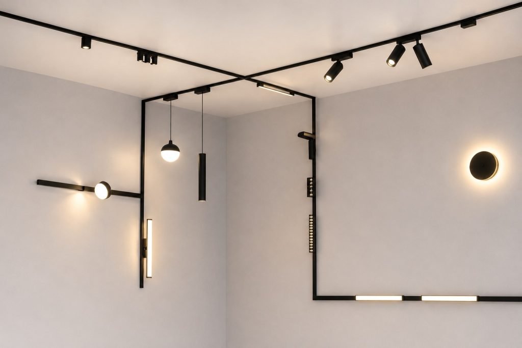 Modern LED track lighting and ceiling spotlights on wood beam, interior lighting fixture