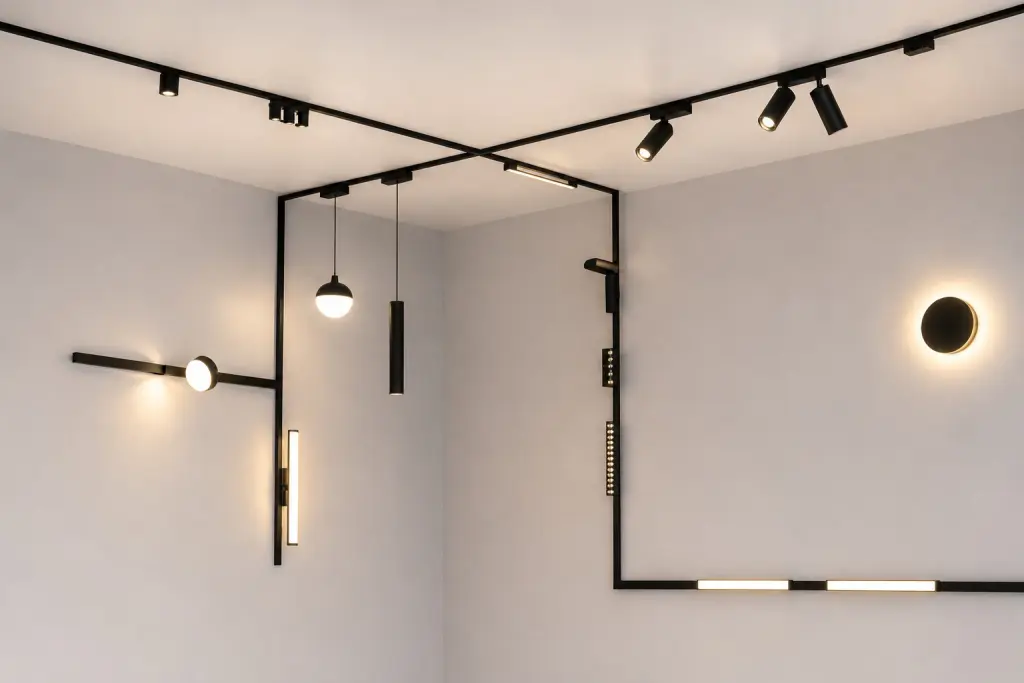 Modern LED track lighting and ceiling spotlights on wood beam, interior lighting fixture
